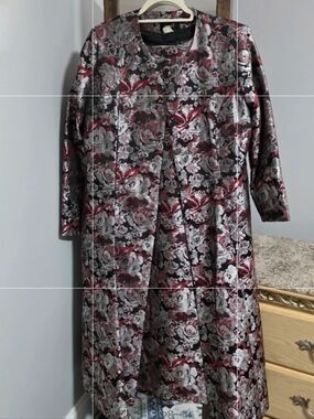 Ashro Floral Brocade Coat Dress in Burgundy and Silver 2 Piece Set